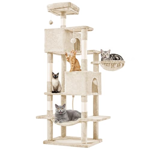 DUMOS Large 66 Inch Cat Tree Tower, Tall Multi Level Cat Climbing Tower with Natural Sisal Scratching Posts, Hammock, Pet Condo for Indoor Cats and Kittens Play, Beige - color: Beige, size: 66 Inch
