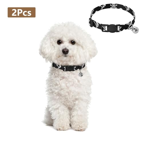 Small Dog Collar 2 Pack Adjustable Pet Collar Adjustable 10.6 to 17.1 Inches - color: White Pirate Skulls Black