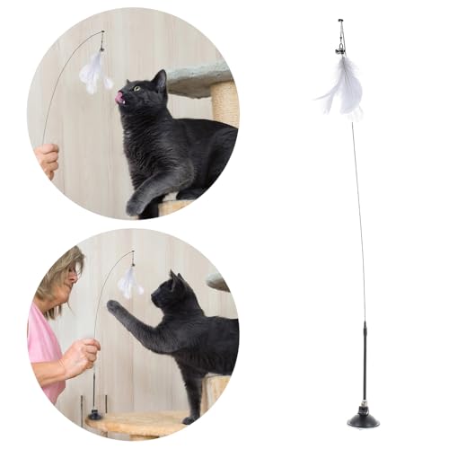 Luxshiny Interactive Cat Teaser Stick with Suction Cup Base, Wire Set with Bell, 10pcs Replacement Heads for Kitten and Indoor Cat Entertainment