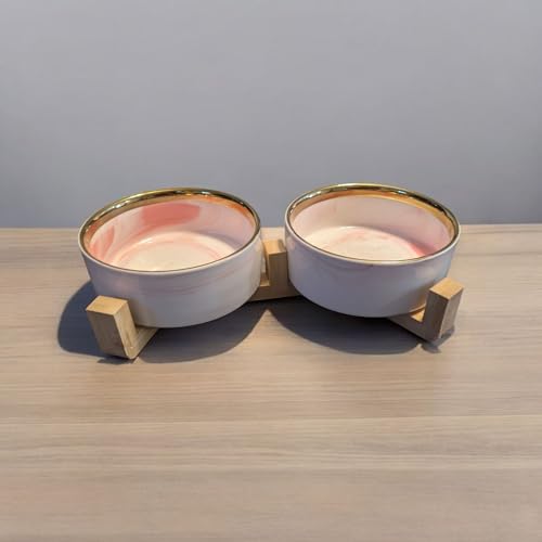 Ceramic Pet Bowl (Marble Design) Set of 2 with Stand, 2 Cups and 4 Cups Capacity (Marble Pink, Gold Rim, 950 ml (4 Cups) Medium) - color: 4. M-Marble pink Gold, Medium, 4 cups per bowl