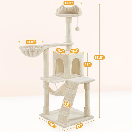 Yaheetech Cat Tree, 54in Tall Cat Tower for Indoor Cats with Extended Platform & Basket, Spacious Cat Condo, Funny Hammock, Scratching Posts and Ladder, Beige - color: Beige