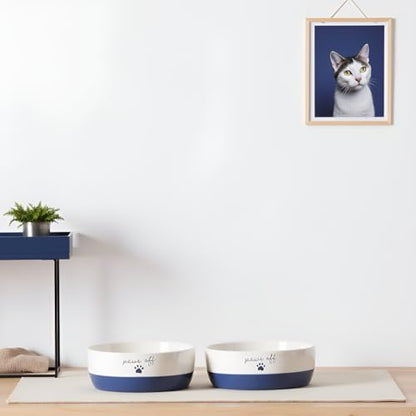 Pearhead Ceramic Paws Off Cat Bowl, Holds 1.3 Cups, Navy Blue and White Stoneware Dish, Non-Skid Feeding Bowl, Microwave and Dishwasher Safe, Small (Pack of 2) - color: Navy Paws Off, size: Bowl Set