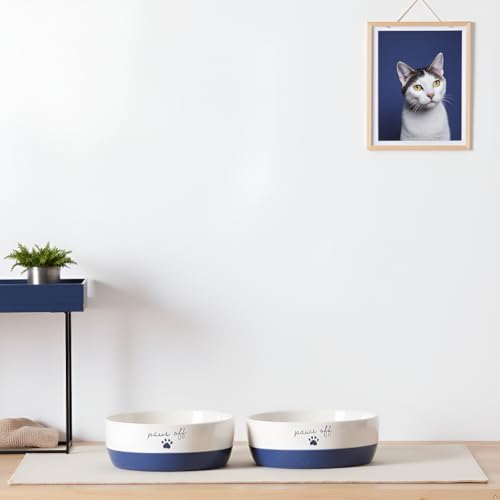 Pearhead Ceramic Paws Off Cat Bowl, Holds 1.3 Cups, Navy Blue and White Stoneware Dish, Non-Skid Feeding Bowl, Microwave and Dishwasher Safe, Small (Pack of 2) - color: Navy Paws Off, size: Bowl Set