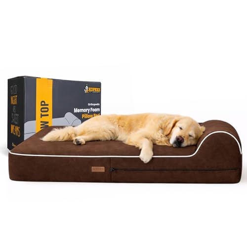 KOPEKS Orthopedic Memory Foam Dog Bed 7" Inch Thick Extra Large Dog Bed With Pillow Brown 50"x34"x10" Includes Waterproof Liner & Durable Removable Cover With Smart Design - color: Brown