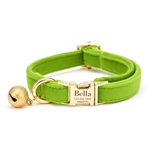 Custom Cat Collar with Bells Personalized Small Cat Collar Engraved Name & Phone Number with Secure Metal Quick-Release Buckle Adjustable (Apple Green) - color: Apple Green