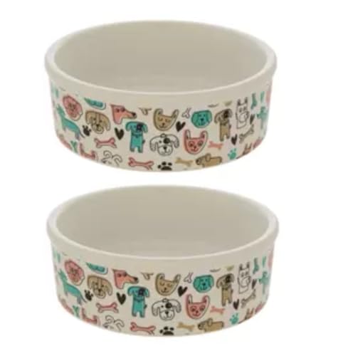 Hobby Lobby Pet Food Bowls, Ceramic Dog and Cat Feeding Bowls with Cute Animal Illustrations, 2 Styles (Dog, Small) - Set of 2