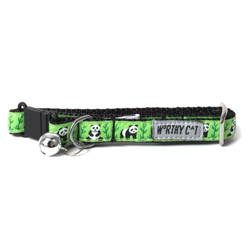 THE WORTHY DOG Pandas Cat Collar with Bell, Adjustable Nylon Safety Collar, Green, One Size - color: Green-Pandas