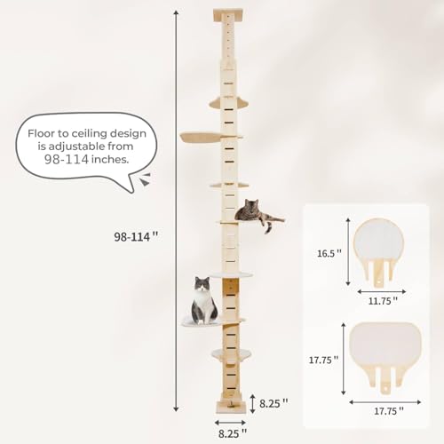 COZIWOW Floor to Ceiling Cat Tree for Large Cats, Cat Tower with Non-Slip Platforms 7 Tier Tall Climbing Pole with Adjustable Height (98-114 Inches) Modern Climbing Tower, Wood, Indoor