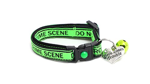 Crime Scene Cat Collar with Bell & Charm | Adjustable Large Size or Kitten Collar | Safety Breakaway Collar (Small(10lbs & Less), Green) - color: Green, size: Small(10lbs & Less)