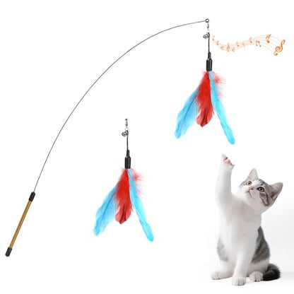 Pawaboo Feather Teaser Cat Toy, Interactive Feather Wand Cats Toy Flying Feathers Cat Catcher with Extra Long 34.5" Wand and Small Bell, Exerciser Playing Toys for Kitten or Cats, Blue + Red Brown - color: Blue + Red Brown