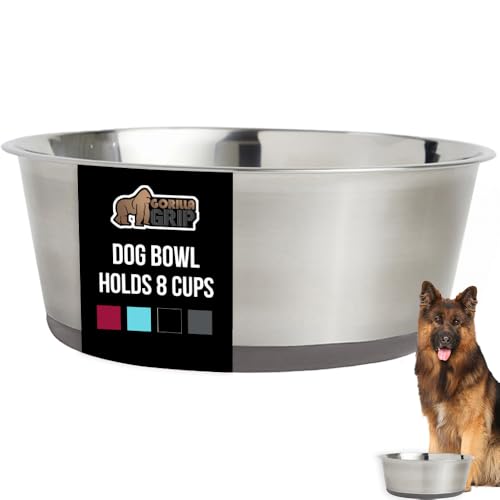 GORILLA GRIP Dog Bowl, Holds 8 Cups (64 fl oz), Food Grade 304 Stainless Steel Food and Water Bowl for Feeding Dogs and Cats, BPA Free Rubber Base, Easy Clean, Dishwasher Safe, Rust Resistant, Gray - color: Gray, size: 8 Cup (64 Oz)