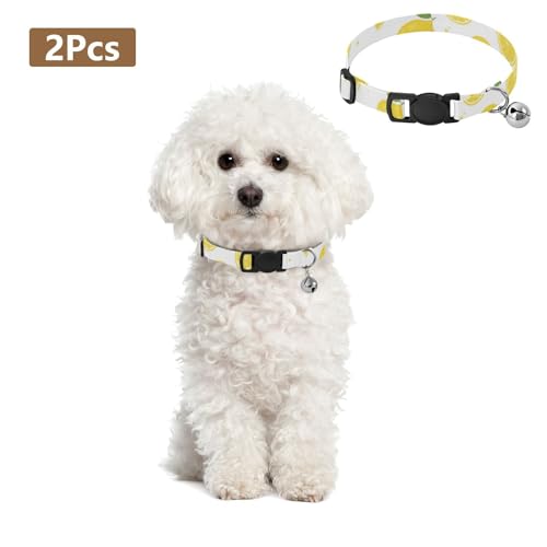 Small Dog Collar 2 Pack Cat Neck Collar Adjustable Length 10.6" to 17.1" - color: Yellow Lemons White
