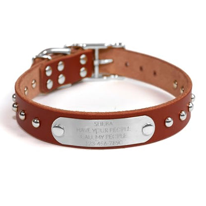 Handmade Studded Bridle Leather Dog Collar, Silver Tone Hardware and Stainless Steel Nameplate (Brown) - color: Brown