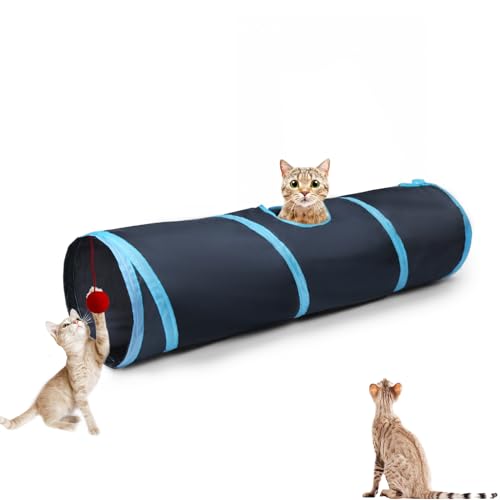Cat Tunnel Tube Toys，Tunnels for Indoor Cats, 2 Way Blue Collapsible Interactive Toy with Balls for Rabbits, Kittens, Ferrets, Puppy - color: 2 Way Black Blue