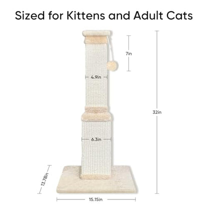 Cat Scratching Post for Large Cats, Cat Scratcher for Indoor Cats Adults, Sturdy Sisal Scratch Post to Protect Furniture, 32 Inch, Beige - color: beige