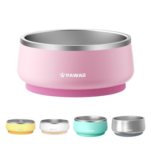 Pawaii Dog Bowl, 34 oz Double-Wall Stainless Steel Food and Water Bowl, Non-Slip Rubber Base, Dishwasher Safe, ID Tag Included, (1 Pack) - color: Sakura Pink, size: 34oz