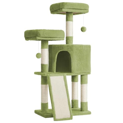 Feandrea Cat Tree, 45.3-Inch Cat Tower, Plush Condo with Scratching Post, Ramp, Perch, Spacious Cave, for Small Space, Grass Green UPCT141C01 - color: Grass Green