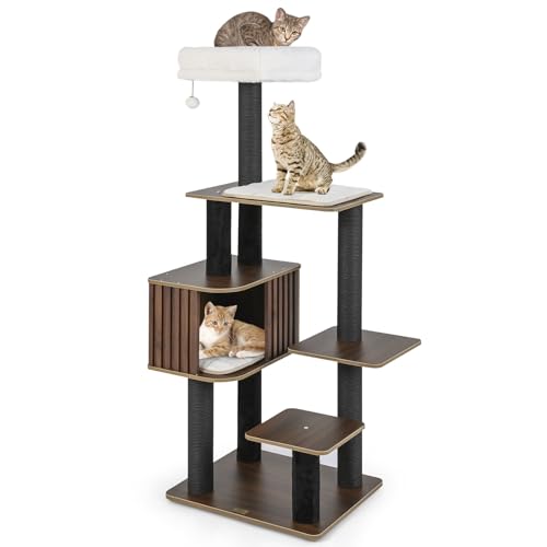 PETSITE 59.5 Inches Modern Cat Tree, Multi-Level Cat Tower with Scratching Posts, Large Condo with Removable Pad, Cushioned Soft Top Perch, and Interactive Dangling Ball (Brown) - color: Brown