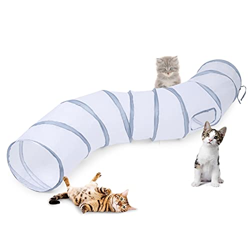 Sheldamy Cat Tunnel, S-2-Way Cat Tunnels for Indoor Cats, Collapsible Cat Play Tunnel, Interactive Toy Maze Cat House with 1 Play Ball for Cats, Puppy, Kitty, Kitten, Rabbit (White & Gray) - color: S-2 Way White & Grey
