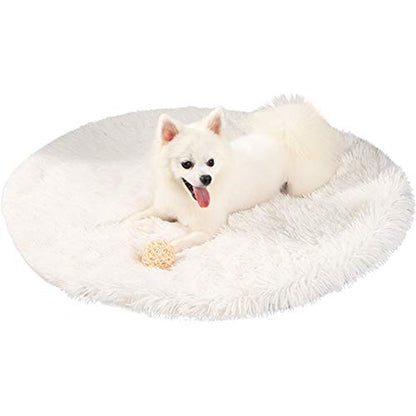 24 Inch Plush Dog Bed Mat Warm Fluffy Round Puppy Crate Pad with Anti-Slip Waterproof Bottom Soft Comfy Pet Kennel Mat for Small and Medium Dogs Sleeping(White) - color: White, size: 24 Inch