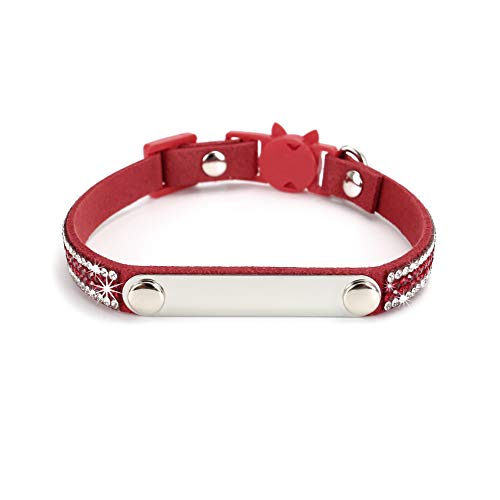Mogoko Personalized Breakaway Cat Diamond Collar, Customized Bling Kitten Pet Collar with Engraved ID Name Plate and Bell（Red） - color: Red
