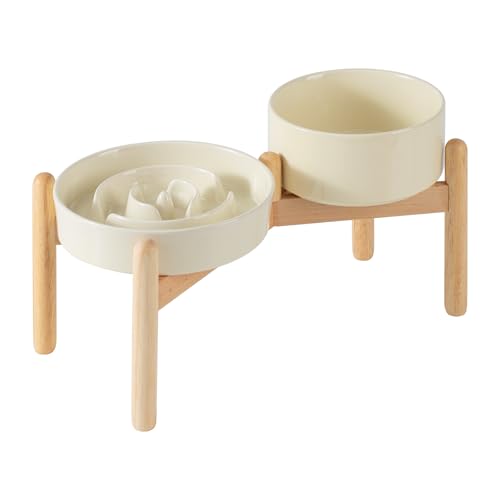 Havniva 7.3” Raised Slow Feeder Dog Bowls Set, 1.2 Cups Ceramic Slow Feeder Dog Bowl and 6.1” Dog Water Bowl with Elevated Wooden Stand Puzzle Dog Food Bowl for Small Dogs Anti-Gulping & Anti-Choking - color: 2 x Light Yellow+Stand-A, size: 7.3inch