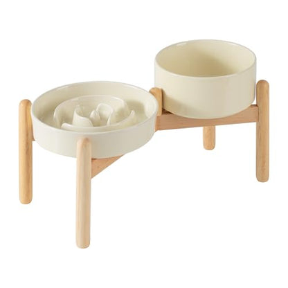 Havniva 7.3” Raised Slow Feeder Dog Bowls Set, 1.2 Cups Ceramic Slow Feeder Dog Bowl and 6.1” Dog Water Bowl with Elevated Wooden Stand Puzzle Dog Food Bowl for Small Dogs Anti-Gulping & Anti-Choking - color: 2 x Light Yellow+Stand-A, size: 7.3inch