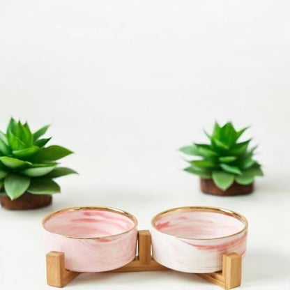 Ceramic Pet Bowl (Marble Design) Set of 2 with Stand, 2cups and 4 Cups Capacity (Marble Pink w/Gold, Small, 2 Cups per Bowl) - color: 2. S-Marble pink gold, Small, 2 cups per bowl
