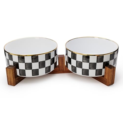 Ceramic Dog Bowls for Medium Dogs, 3.5 Cups Checkered Dog Food and Water Bowl with Acacia Wood Stand, Non-Slip Anti-Tip Elevated Feeding Station, Black and White - color: Black and White