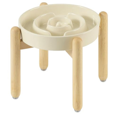 Havniva 8.2” Raised Slow Feeder Dog Bowls, 1.6 Cups Ceramic Dog Bowl Slow Feeding for Medium Breed, Elevated Puzzle Dog Food Bowl with Wooden Stand Non-Slip Anti-Gulping & Anti-Choking - color: 1 x Light Yellow+Stand-A, size: 8.2inch
