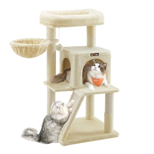 Feandrea Cat Tree, 37.8-Inch Cat Tower, Multi-Level Condo with Widened Perch, Scratching Posts and Ramp, 2-Door Cave, Hammock, Beige UPCT51M - color: Beige