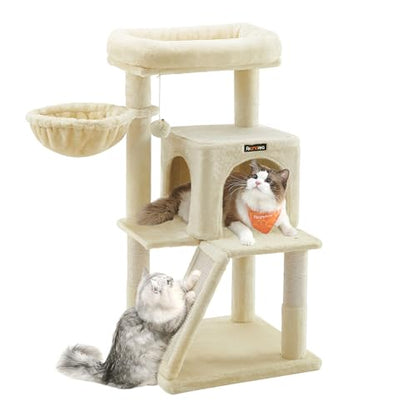 Feandrea Cat Tree, 37.8-Inch Cat Tower, Multi-Level Condo with Widened Perch, Scratching Posts and Ramp, 2-Door Cave, Hammock, Beige UPCT51M - color: Beige