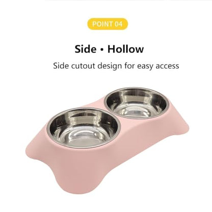 Double Dog Bowl, Stainless Steel Double Bowl, Anti-Slip, Anti-Spill and Removable(Pink-Medium)