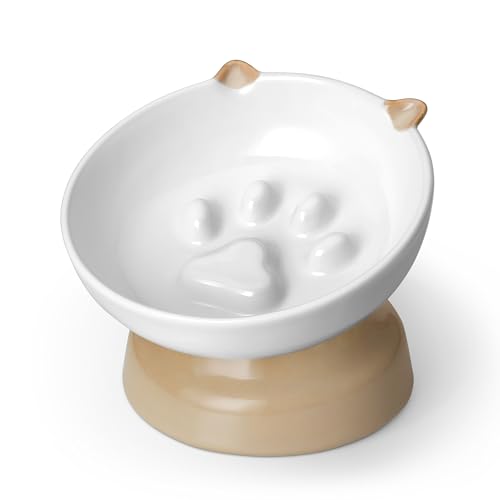 vancasso Raised Slow Feeder Cat Bowls, Ceramic Elevated Cat Bowls Wet Food, Cats Food Bowl Slow Feeder for Indoor Cats (Brown) - color: Brown