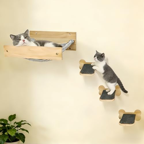 Cat Wall Hammock with 3 Steps, Pine Wood Wall Mounted Kitty Bed & Climbing Shelves up to 30lbs, Cat Furniture for Indoor Sleeping and Playing, Space Saving
