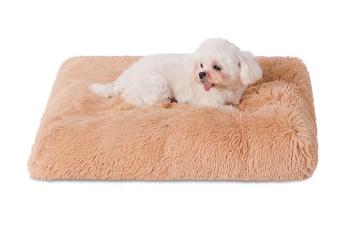 Bedfolks Plush Waterproof Dog Crate Bed, Removable Washable Cover, Faux Fur, Fluffy Kennel Bed 17"x12", Camel - color: Solid Camel, size: XX-Small(17x12'')