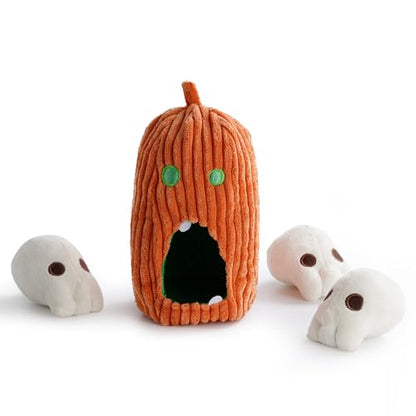 Nocciola Halloween Dog Toys 4 PCS, Pumpkin + 3 Skull Squeaky Dog Toy for Small Puppy Dog to Keep Them Busy, Durable Plush Hide and Seek Dog Toys for Small Medium Dogs - style: Pumpkin & Skulls