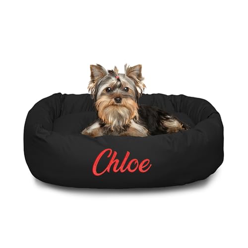Majestic Pet Personalized 24 Inch Bagel Calming Bed - Washable Cozy Soft Round With Spine Support for Dogs to Rest Their Head - Fluffy Donut 24x19x7 (Inch) - Small - Black - color: Black, size: Small