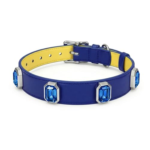 Luxury K9 Crystal Dog Collar -Waterproof Wear-Resistant Microfiber Leather with Hand-Set Rhinestone Gems, Durable Metal Buckle, Adjustable Bling Collar for Small Medium Large Dogs (Blue, L) - color: Blue, size: L(FIT,NECK:14.5"-18")