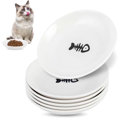 6 Pack Cat Food Bowl, Ceramic Cat Bowls, Anti Whisker Fatigue Cats Bowl Set,5.5 Inches Shallow Wide Kitten Plates for Food and Water (White-D) - color: White-D