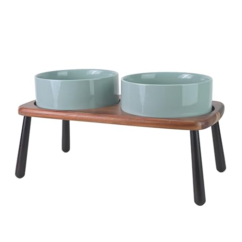 SPUNKYJUNKY Ceramic Elevated Dog Bowls Raised with Acacia Bamboo Wooden Stand, 8.3'' Dog Food Water Bowls Set Non-Slip for Medium Large Sized Breed Microwave Dishwasher Safe - 60 OZ,Light Green - color: Light Green, size: 8.3 in - Dual