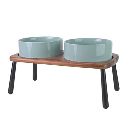 SPUNKYJUNKY Ceramic Elevated Dog Bowls Raised with Acacia Bamboo Wooden Stand, 8.3'' Dog Food Water Bowls Set Non-Slip for Medium Large Sized Breed Microwave Dishwasher Safe - 60 OZ,Light Green - color: Light Green, size: 8.3 in - Dual