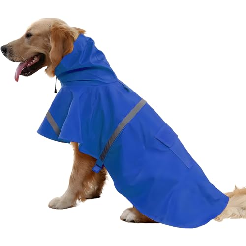 NACOCO Large Dog Raincoat Adjustable Pet Water Proof Clothes Lightweight Rain Jacket Poncho Hoodies with Strip Reflective (L, Blue) - color: Blue, size: Large (Pack of 1)