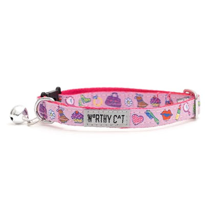 THE WORTHY DOG Patterned Fashionista Cat Collar with Bell, Adjustable Nylon Safety Collar, Pink, One Size - color: Pink-Fashionista