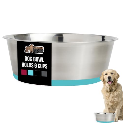 GORILLA GRIP Dog Bowl, Holds 6 Cups (48 fl oz), Food Grade 304 Stainless Steel Food and Water Bowl for Feeding Dogs and Cats, BPA Free Rubber Base, Easy Clean, Dishwasher Safe,Rust Resistant Turquoise - color: Turquoise, size: 6 Cup (48 Oz)