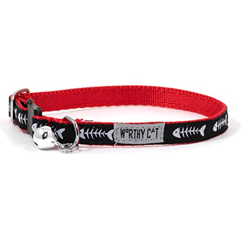 THE WORTHY DOG Patterned Dinner Cat Collar with Bell, Adjustable Nylon Safety Collar, Red, One Size - color: Red-dinner