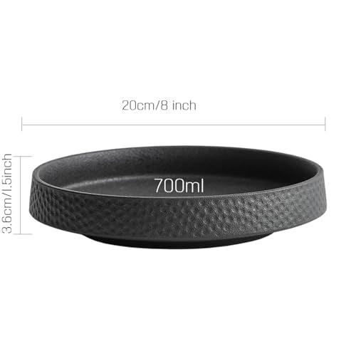 8 Inch Wide Ceramic Cat Bowl, Whisker Fatigue Relief Shallow Cat Food Bowl, Heavy Weight Non-Tip Pet Feeding Bowl, Matte Black Hammered Texture Cat Water Bowl for Cats & Small Dogs