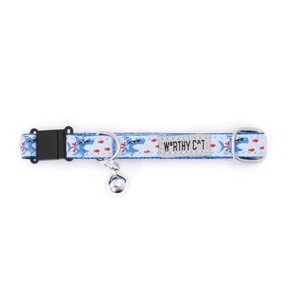 THE WORTHY DOG Sharkuterie Cat Collar with Bell, Adjustable Nylon Safety Collar, Blue, One Size - color: Blue-Sharkuterie