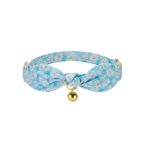 2 Pack Cotton Cat Collar, Removable Bowtie, Floral Pattern, Safety Breakaway Clasp, Adjustable for Cats.(Adult Cat, Blue Daisy and Floral) - color: Blue+Blue