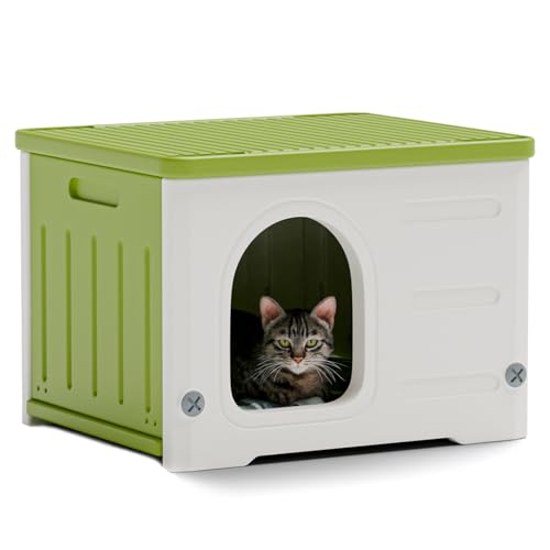Plastic Cat House for Outdoor Indoor Use, Stackable Feral Cat Shelter Indoor Cat House Weatherproof Waterproof Elevated (Green) - color: Green-L